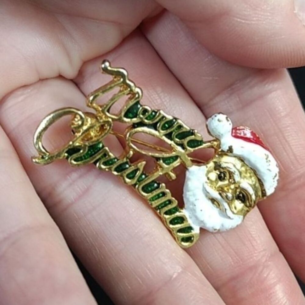 Vintage Gold Tone Merry Christmas Brooch